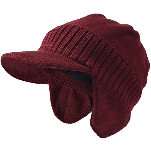 Hombres De Punto Visera Gorrita Tejida Lana Forrado Bofetada Invierno Sombreros (Orejera Burdeos)