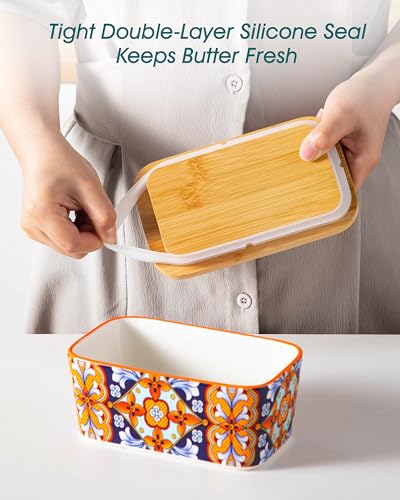 vancasso SIMI Butter Dish with Lid, 6.5" Large Butter Dish for Countertop, Bohemian Ceramic Butter Keeper Container with Knife and Bamboo Lid, Butter Holder for Counter, Amber Elegance — view 6