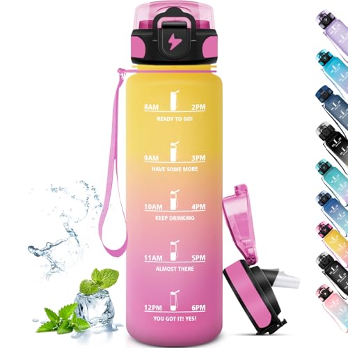 Grsta Botella Agua 1 Litro con Pajita, Botella Agua Gimnasio, Fácil de Limpiar, Cantimplora Grande, Marca de Tiempo, Cantimplora Reutilizable para Senderismo, Yoga, Correr, Oficina