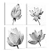 VVOVV Wall Decor - 4 Panels Flowers Artwork Black and White Elegant Floral Canvas Art Print Blooming Lotus Picture Framed Water Lily Wall Art Painting Home Decor for Bedroom