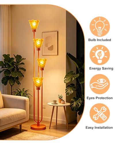 Image of Lightdot Glass Floor Lamp Dimmable 4-Light Orange Shade Gold Floor Lamps | Mid Century Modern Standing Tall Lamp with 5Lbs Heavy Base for Living Room /Bedroom /Sofa Beside /Corner Decor -Bulbs Included