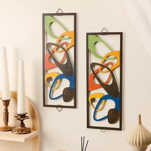 CroBlissful 2 Pcs Mid Century Wall Art Mid Century Modern Wall Decor Elegance Wall Accents Wood Abstract Decor Geometric Panels for Interior Wall Decor Panel Wall Art for Home Living Room(Artistic) 2