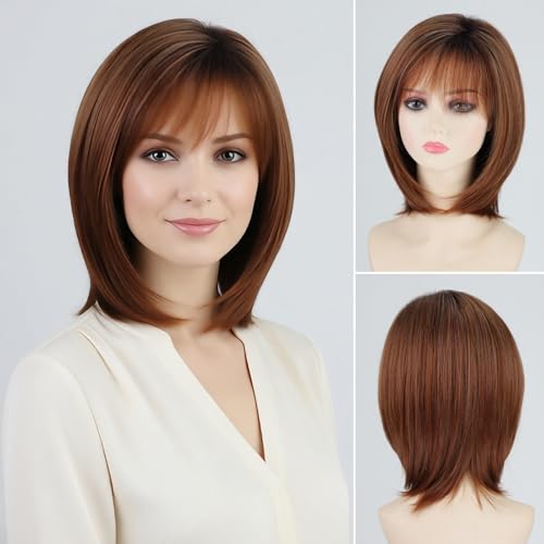 RENERSHOW Wigs for White Women Mid-length Auburn Layered Bob Wig