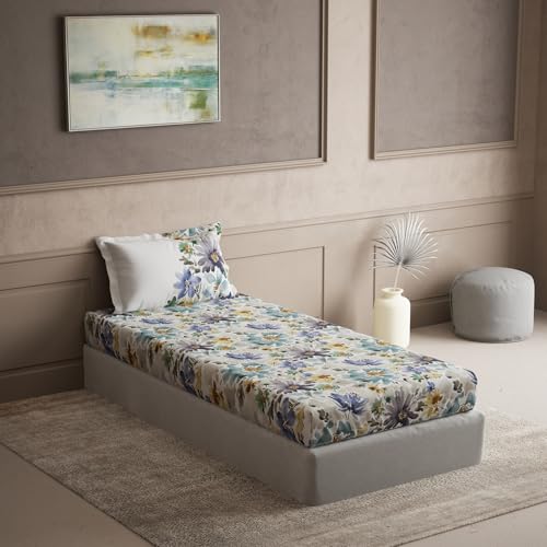 Image of 100% Pure Cotton Single Bedsheet with 1 Pillow Cover | Floral 145TC | Strong Weave for Everyday Use | 152 CM X 224 CM | - Stone Blue