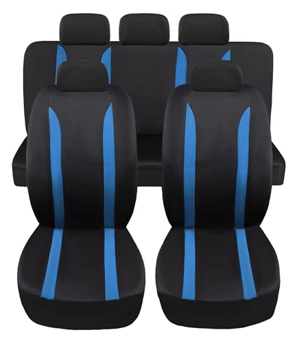 Set di coprisedili universali da 9 pezzi realizzate in poliestere con tessuto elasticizzato nella parte posteriore della fodera.
