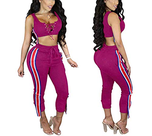 Women's 2 Pieces Outfits Lace Up Crop Tank Top+Ankle Pant Sweatsuits Set Tracksuits Small Rose