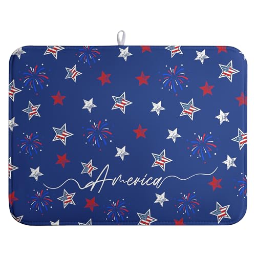 4th of July Dish Drying Mat America Stars Fireworks Blue Drying Mat 18x24 Inch Patriotic Memorial Independence Day Microfiber Absorbent Dish Drainer Rack Mats for Kitchen Counter by Wnoesat - Used condition - US$11.26