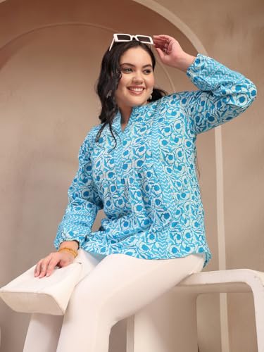 Image of Stylum Women's Plus Size Blue Floral Printed Pure Cotton Top | Plus Size Tops for Women Short Kurti