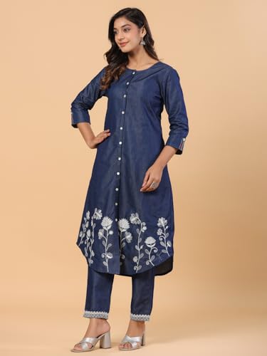 Image of SAVI Women's Blue Denim Embroidered Kurta | Round Neck Front Button A-Line Kurti with 3 /4 Sleeves | Ethnic Casual Wear