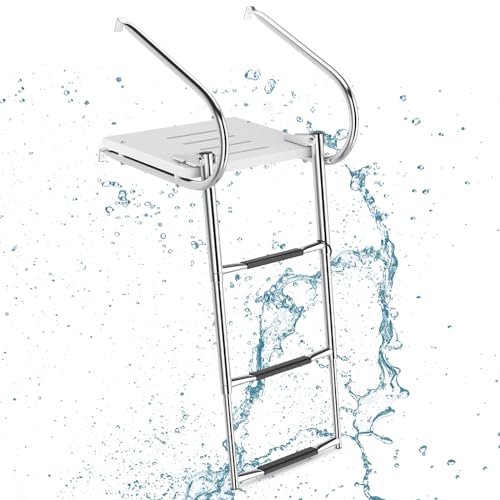 RELAX4LIFE Escalera Barco Telescópica de 3 Escalones Antideslizantes, Escalera Piscina Plegable de Acero Inoxidable con Plataforma y Pasamanos para Yates, Muelles, Pontones, Carga 227kg (Modelo 3)