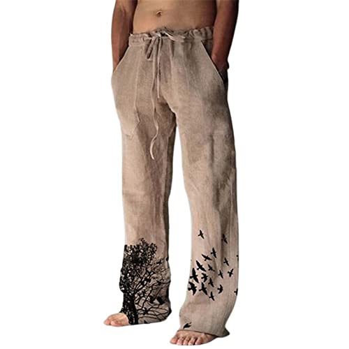 Mens Linen Casual Pants Loose Fit Wide Leg Elastic Waist Joggers Summer Cool Slacks Printed Yoga Beach Pants for Men