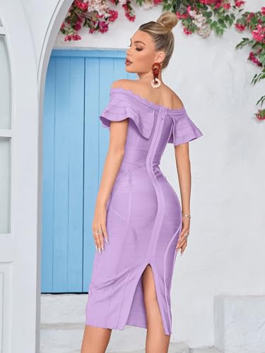 Image of Off Shoulder Bandage Dresses for Women Wedding Guest Party Midi Formal Gowns Evening Dress
