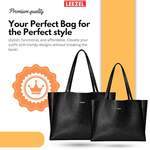 Image of LEEZEL Women's Structured Tote Bag - Large Capacity Work & Travel Purse Croco Pattern Vegan Leather Stylish Tote Bag Classic Everyday Shoulder Bag