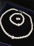  3 er SET Brautschmuck Perlen Perlenkette Haarschmuck Hochzeit Strass ivory elfenbein Armband