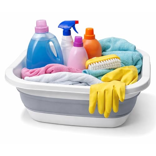 Image of DIVCHI Collapsible Washing Up Bowl 10L Foldable Plastic Wash Basin for Sink, Camping, Travel, Laundry, Folding Bucket Space Saving Tub White Grey