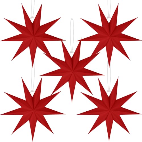 Image of 5 PCS 12 Inch Red Paper Star Lanterns - Modern Hanging Ornaments for Christmas & Home Decor