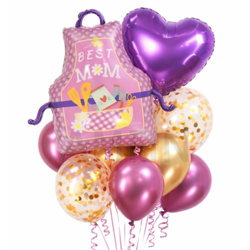 Image of AMFIN (Pack of 10) Happy Birthday MOM Mother's Day celebration balloon bouquet setup home party decor apron theme pink gold heart arrangement gift surprise decoration kit Mummy