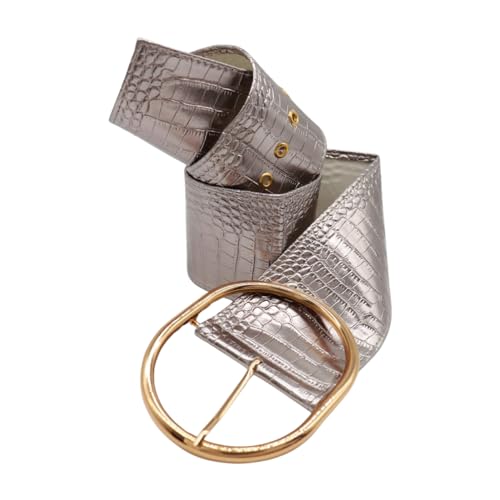 Women Silver Chrom Fashion Wide Belt - Hip High Waist Big Gold Oval Metal Buckle S M Metallic Pewter