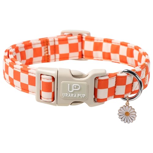 UP URARA PUP Gingham Fall Dog Collar Adjustable Orange Picnic Checkered Dog Collar with Daisy Pendant Classic Autumn Dogs Collars for Girl Boy Dogs