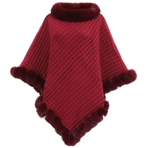 NLAND Poncho de Punto para Mujer Capa Invierno Térmica con Piel Sintética Cálido Elegante Chal con Cuello Redondo(Burdeos)