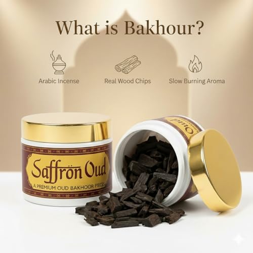 Image of Saffron Oud BAKHOOR Incense | Authentic Arabic BAKHOOR Incense | 40 GMS JAR | Pack of 1 | Natural Wood Chips Saffron Fragrance Woody Blend | Perfect for Pooja
