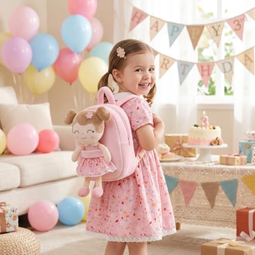 Image of Gloveleya Kids Backpacks Girls Backpack Plush Bags Diaper Bag Backpack with Floral Doll Pink
