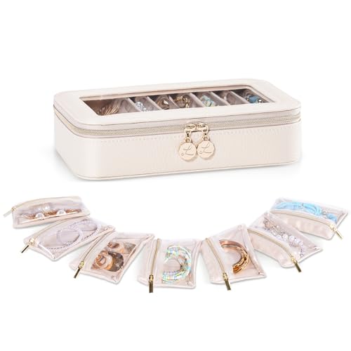 Lolalet Pochette Bijoux Voyage Velours, Trousse Bijoux Voyage, Sac Rangement Bijoux pour Colliers Boucles d'Oreilles Bagues Bracelets -Lot de 7, Beige