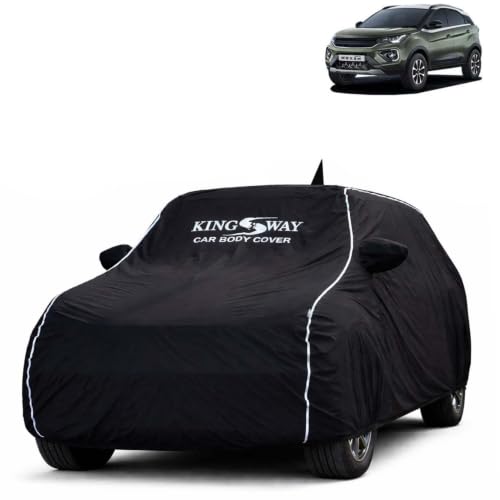 Image of KINGSWAY Super Waterproof Car Cover Only with Tata Nexon (Year 2020 to 2023 - All Model) | Mirror and Antenna Pockets | All Weather Car Body Cover with Silver Piping | Black