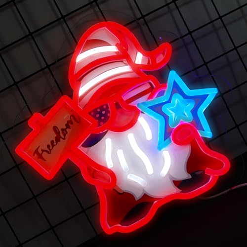 Image of USA 4th of July Neon Signs Gnome Neon Lights Patriotic Gnomes Decor for Home,Office,Business,Memorial Day,Independence Day Gift Art for Boys Girls -13 x 12.8 IN-USB Powered-Acrylic