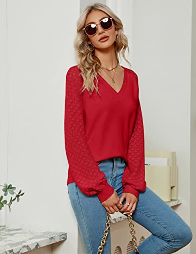 Image of BMJL Womens V Neck Sweaters Dressy Casual Winter Long Sleeve Tops Knit Puff Sleeve Pullover