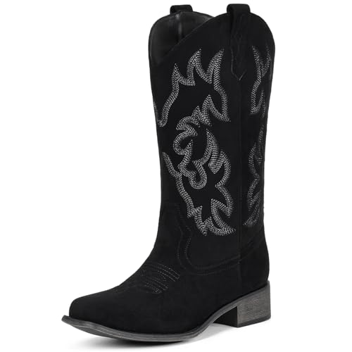 Image of IUV Cowboy Boots For Women Square Toe Wide Mid Calf Western Pull On Suede Fashion Black Brown Cowgirl Boots