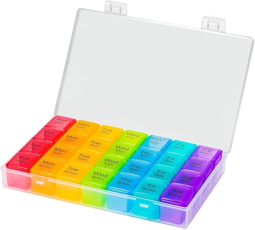 Sumiko Pill Box Medicine Organizer |Size 18 x 11.5 cm| Weekly 7 Days 4 Times Storage 28 Compartments Case Moisture-Proof Portable Week Holder Container Daily use Planner Ideal for Travel Easy to Use Food Grade Material BPA Free (A6P0)