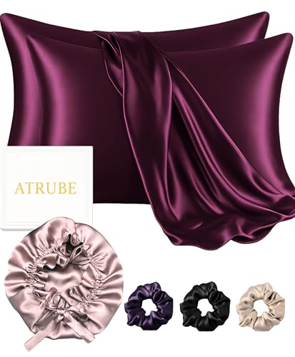 Image of Atrube's Satin Bonnet for Curly Hair with Silk Satin Pillow Covers Scrunchies Bonnet hairBest Gift Combo of Pack of 2 Satin Pillowcases with 3 Silk Scrunchies Adjustable HairCap