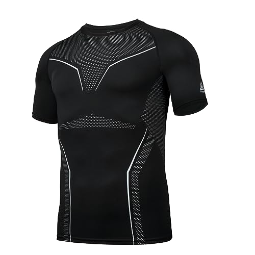 AMZSPORT Camiseta Compresión Hombre, Camiseta de Manga Corta Camisetas Deporte Gym Fitness Transpirable Shirt Running, Negro S