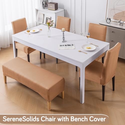 Image of HOKIPO 'SereneSolids' 140 GSM Stretchable Dining Chair Covers Set of 4 with 1 Bench Cover, Camel (AR-6282-CML)