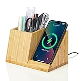 OhM-ega Bamboo Desk Organizer with Wireless Charing, Home Office Organizers for Desk, Wireless Charging Station with Pen Holder, 10W Fast Wireless Charging, Compatible with iPhone and Pixel