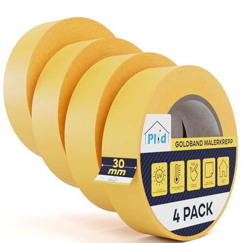Plid® Goldband Malerkrepp [Wasserabweisend] - Malerklebeband Nassfest - Innen & Außen - Abklebeband Maler, verhindert Unterlaufen von Farben - Painters Tape - Klebeband Maler (30mm, 4 Rollen x 50m)