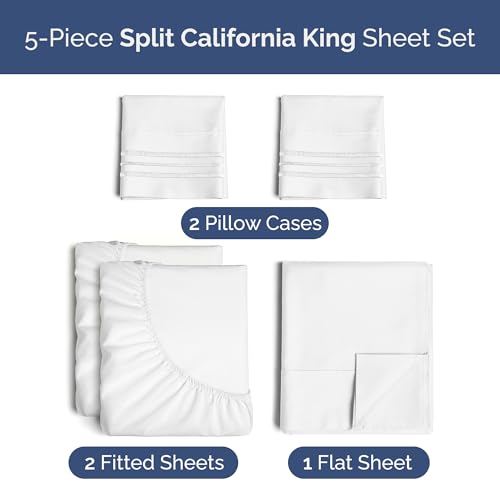 Image of Split California King Bed Sheet Set - 5 Piece Split Cal King Sheets - White | Ultra-Soft, Breathable & Cooling - Comfy, Wrinkle & Fade Resistant - Fits 8 inch to 16 inch Inch Mattress with Deep Pockets