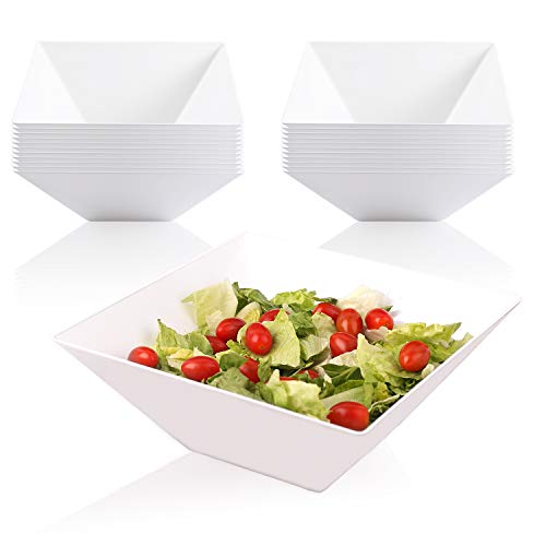 Elegant Disposable Plastic Serving Bowl 24 Pcs - Heavyweight Fancy Square White 128oz Serving Bowls – Reusable Appetizer Bowl - Party Catering Supplies For Wedding Christmas Birthday All Occasions