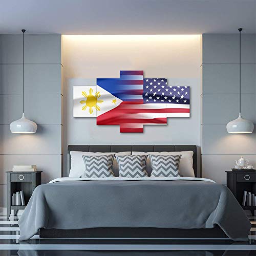 Philippines And Usa Flag Wall Art Canvas Prints Filipino Philippine National Flags Home Decor For Living Room Office Bedroom Pictures 5 Panel Posters Painting Framed Ready To Hang (70"Wx40"H, G) #TOP3