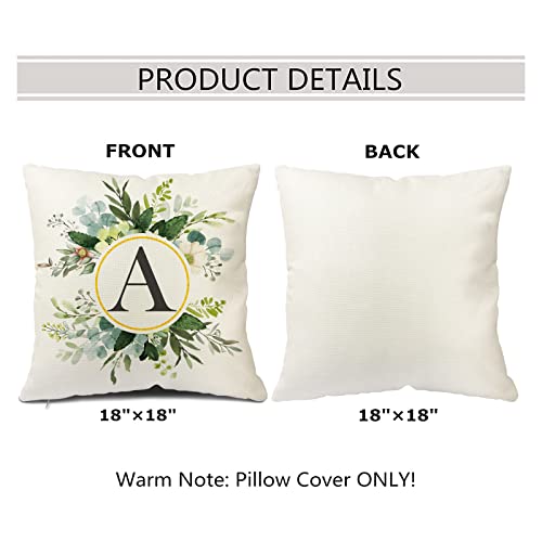Snycler Monogram Letter A Throw Pillow Covers Floral 18X18 Inch, Greenery Spring Pillows Decorative Throw Pillows Pillowcase Summer Farmhouse Decor For Couch Sofa, Family Last Name Initial Pillow Case #TOP1