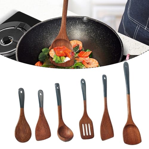 FUBESK Juego de cuchara de cocina de madera para sartenes antiadherentes, utensilios de cocina para freír, espátula de madera natural de 22-39 cm para el hogar o camping