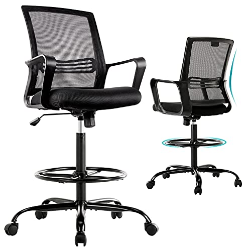 Drafting Chair Standing Desk Chair - Tall Office Chair with Armrest Office Stool Counter Height Mesh Chair with Adjustable Foot Ring - Black