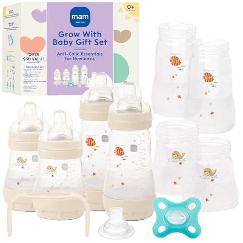 Image of MAM Grow With Baby Anti-Colic Bottle Set – 4 Easy Start Bottles (5oz & 9oz) with Trainer Handles & Spout, Comfort Newborn Pacifier, Extra Bottle Bodies & Nipples | Self-Sterilizing Baby Feeding System