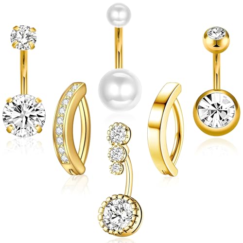 HaoHanEup 6Pcs Belly Button Bars Set Hypoallergenic Steel Belly Button Rings with Pearls & Diamonds Elegant Body Jewellery for Women Navel Piercing Belly Bar Collection (Gold)