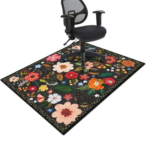 Tapis chaise bureau bois/tuile bohème 60"x48" antidérapant noir