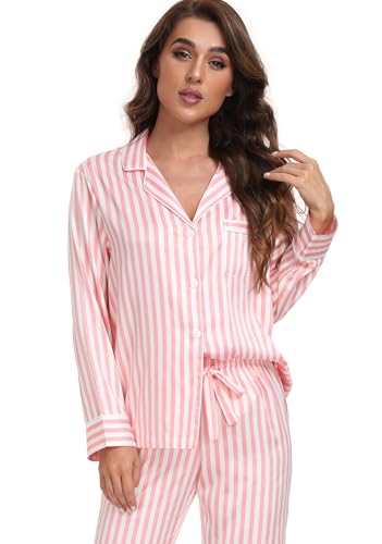 Image of Serenedelicacy Women's Satin Pajama Set Long Sleeve Button Down Sleepwear 2-Piece Silky Pj Set