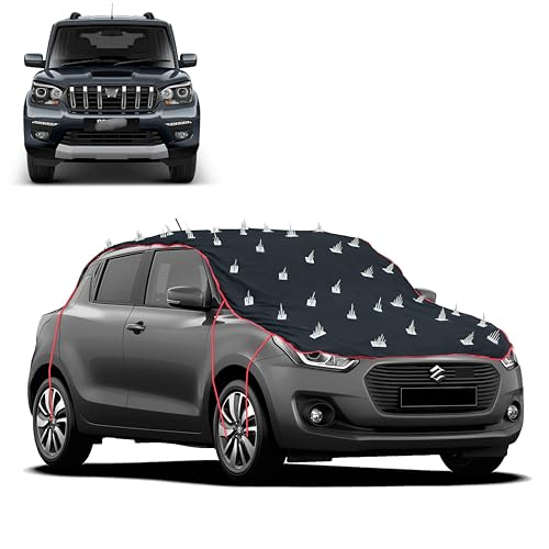 Image of Dog Protection Spike Car Cover for Mahindra Scorpio Bonnet to Roof Easy Installation with 4 Elastic Hook Strap | Anti-Scratch Soft Cotton Inner | Complete Protection from Street Dogs & Monkeys