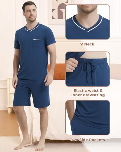 Image of NACHILA Pajamas Set for Men-Viscose Made from Bamboo, Short Sleeve Sleepwear Cool Pjs with Shorts Pants Soft Loungewear