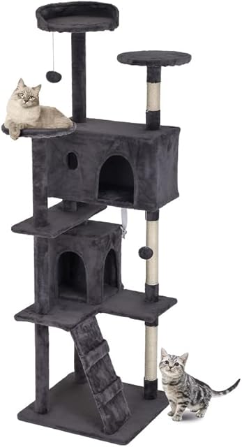 Cat Tree Tower, Actask 177cm Cat Tree for Indoor Cats with Multi-Level Climbing Tower and Scratching Posts, Stable Cattower with Ladder for Kitty Kitten, Grey